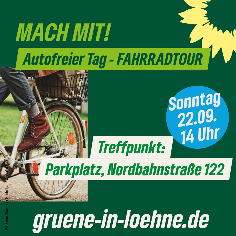 Flyer mit Infos zum Treffpunkt und Zeitpunkt aus dem Text. Bildausschnitt eines Fahrradfahrenden (Hinterrad, Fuss)