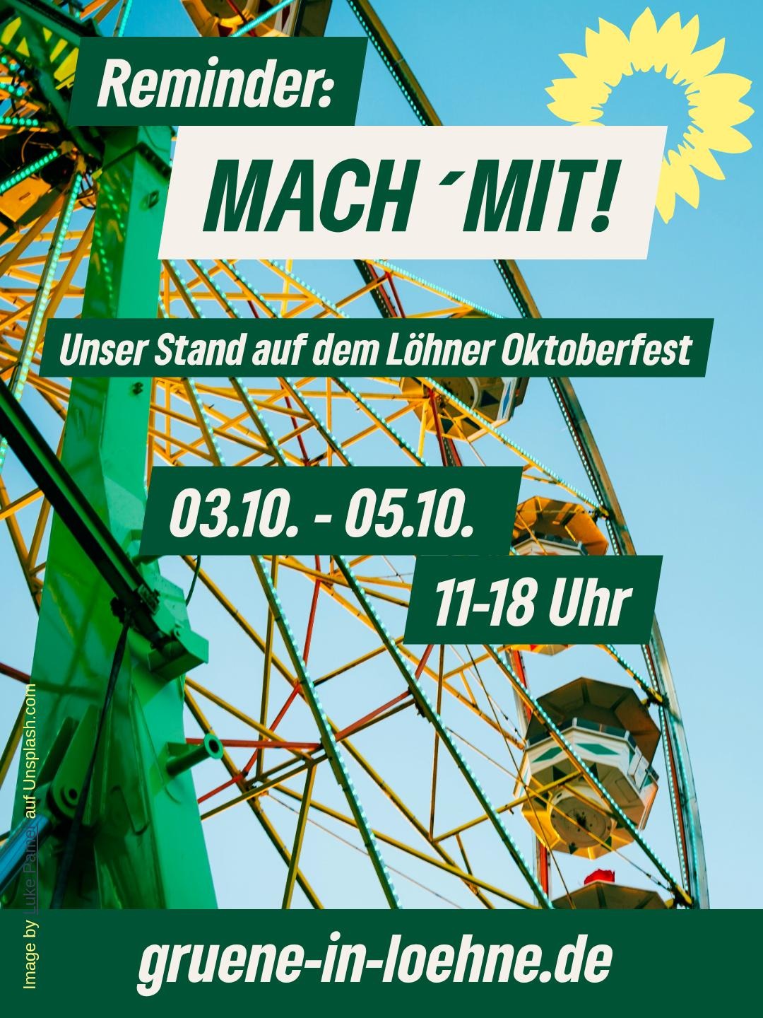 Reminder: mach mit. Unser Stand auf dem Löhner Oktoberfest, 03.10. bis 05.10. zwischen 11 und 18 Uhr. gruene-in-loehne.de