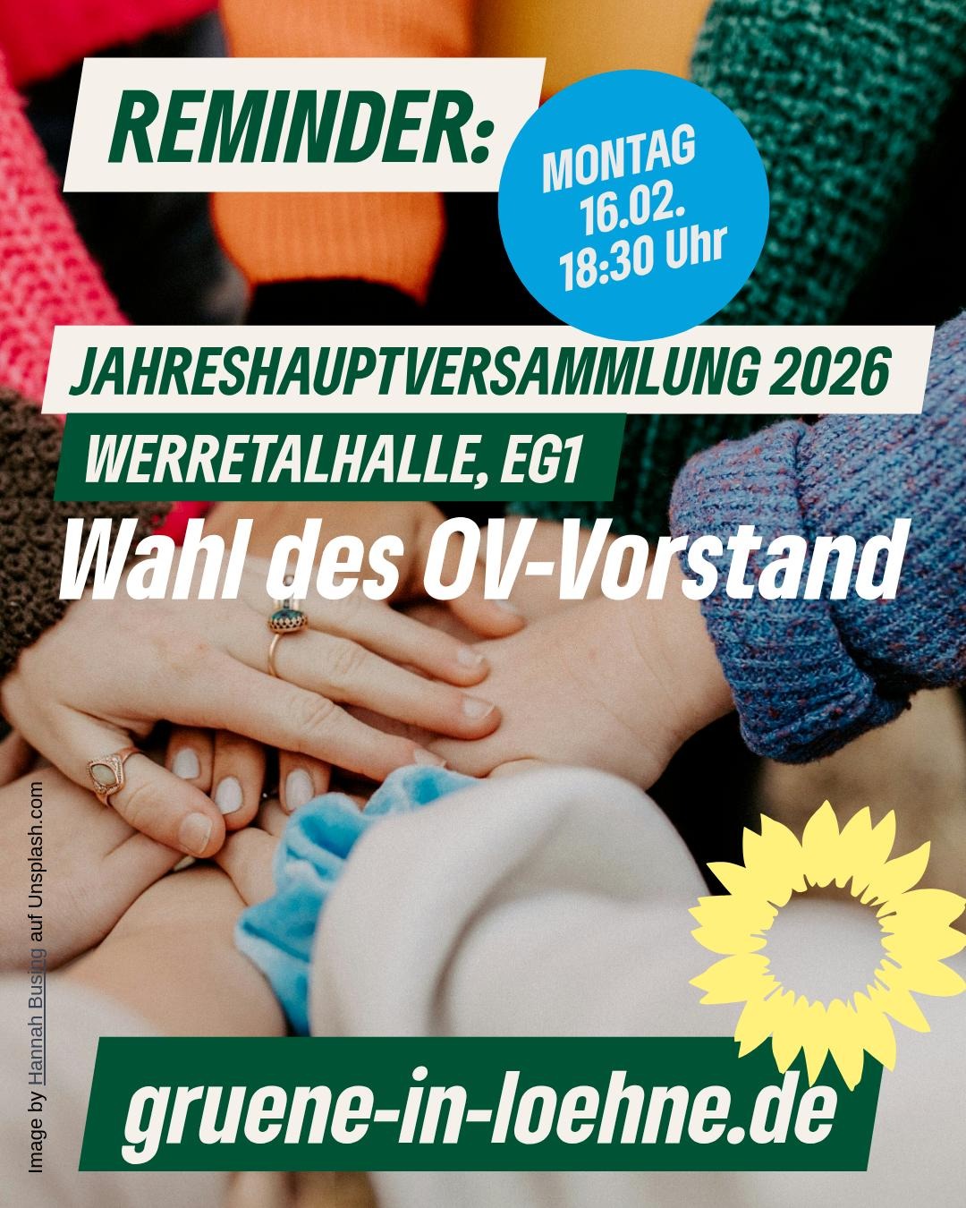 Reminder: Jahreshauptversammlung 2026 am 16.02. um 18:30 in der Werretalhalle. Es wird der neue Vorstand des Ortsverbandes gewählt.